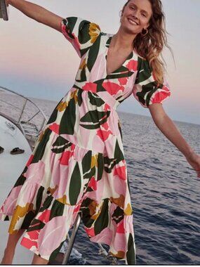 NWT BODEN 100% Cotton Puff Sleeve Tiered Midi Dress with Pockets Size 4